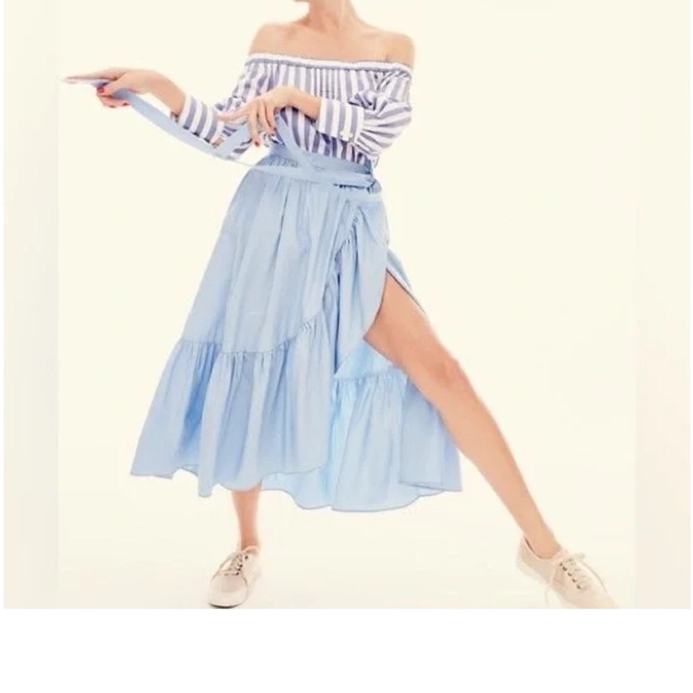 J. Crew Blue Wrap Midi Skirt with Tiered Slit